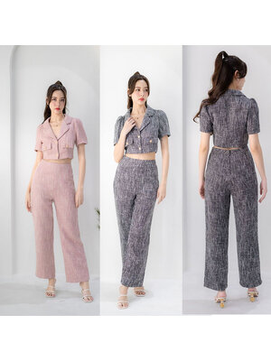kudapy เซ็ทผ้าทวิตเสื้อปกสูท+กางเกงขายาวสีชมพู/สีดำ