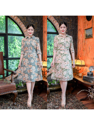 kudapy เดรสสั้นสีฟ้า/สีส้ม สไตล์เชิ้ต สวยเท่คอปก งานผ้าชีฟองลายดอกไม้