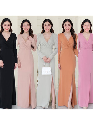 kudapy ดรสยาวสีคาราเมล/สีเขียวพิตาชิโอ้/สีครีมนู้ด/สีชมพู/สีดำ จับจีบเอว อกไขว้วี แต่งแขนตุ๊กตาทรงแขนยาว กระโปรงทรงสอบ ผ่าหน้า