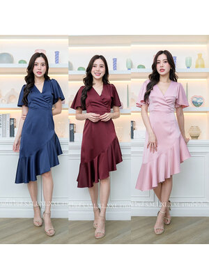 kudapy เดรสสั้นสีแดง/สีน้ำเงินกรมท่า/สีสีชมพู ออกงาน คอวีแขนระบาย ชายกระโปรงระบายสวยเก๋ แนวเรียบร้อยสวยหรูดูแพง เหมาะสำหรับใส่เป็นชุดราตรี