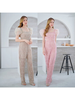 kudapy จั๊มสูทขายาวสีน้ำตาล/สีชมพู ลูกไม้แขนระบายผ้าสวยใส่สบายดูดีน่ารัก