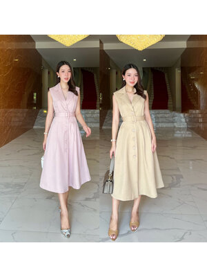 kudapy เดรสยาวสีชมพู/สีครีม สูททรงสวยคลาสสิค ผ้านุ่มใส่สบาย เดรสมีซับในทั้งตัว กระดุมจริง