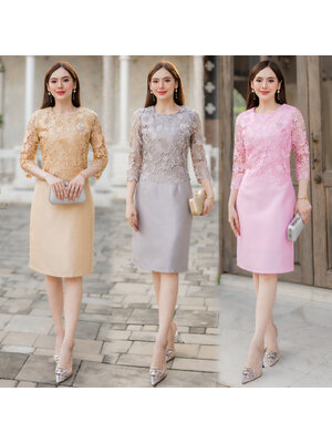 kudapy เดรส งานผ้าไหมจิตลดา ผ่าหลัง ตัวชุดผ้าไหมอัดกาวมาพร้อมซับใน ช่วงตัวชุดแต่งลูกไม้ทอเงา คอกลม