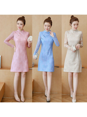 kudapy เดรสสั้นชมพู/สีครีม/สีฟ้า ลูกไม้ เดรสทรงตรงเข้ารูป คอจีน แขนยาว แนวเรียบร้อย สวยดูดี ชุดเดรสทำงาน ชุดเดรสออกงาน