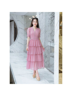 kudapy เดรสยาวสีชมพู กระโปรงยาวชั้นชีฟองจุด