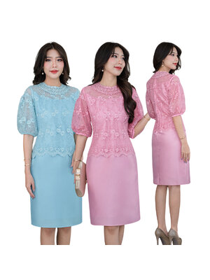 kudapy เดรสสั้นแขนกระดิ่งพองสีชมพู สีฟ้า ลูกไม้+ผ้าไหมทรงเอ ใส่สบายไม่ร้อย ทรงสวยงานมากค่ะ