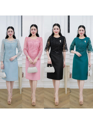 kudapy เดรสผ้าไหมแต่งลูกไม้ช่วงบนดีไซน์แขนยาวทรงสวยสุภาพ แต่งกระดุมด้านหน้าเรียงตัวสวย/เดรสผ้าไหมช่วงบนดีไซน์เย็บคลุมด้วยลูกไม้ซีทรูปักลายดอกไม้สวยหวาน