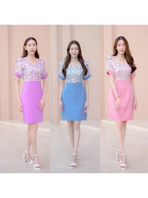 kudapy เดรสสั้นสีม่วง/สีชมพู/สีคราม แขนสั้นลายดอกมีกระดุม