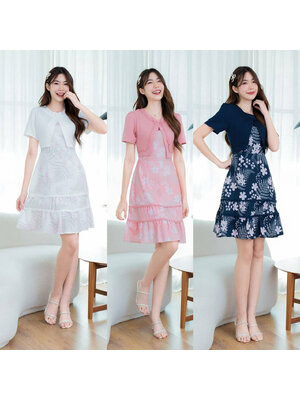 kudapy เดรสสั้นสีขาว/สีกรม/สีชมพู คลุมกระโปรงดอกระบาย