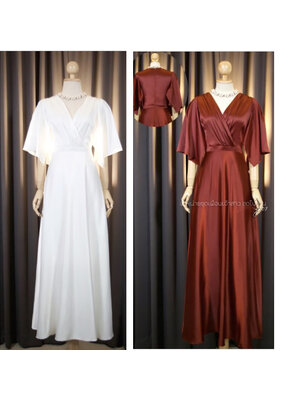 kudapy เดรสยาวสีขาว/สีแดงเข้ม คอวี แขนทรงระฆังพริ้วๆ พรางแขน พรางสะโพก ทรงสุภาพ ซิปหลังใส่ง่าย เนื้อผ้าใส่สบายมาก