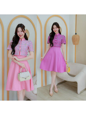 kudapy เดรสสั้นสีชมพู/สีม่วง เสื้อคอจีนแขนตุ๊กตากระดุมโบว์