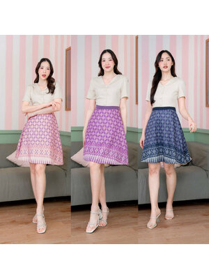 kudapy เดรสสั้นสีกกรม/สีชมพู/สีม่วง เสื้อสีพื้นกระโปรงลายไทย ใส่ออกงาน ใส่ทำงาน สวยดูดเรียบร้อย