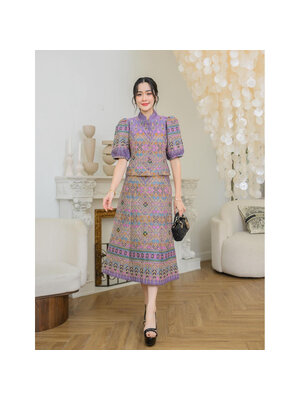 kudapy เซ็ทผ้าฝ้ายทอลายกาฬสินธุ์สีม่วง คอจีน กระดุมหน้า มาพร้อมกับกระโปรงทรงเอสุภาพ