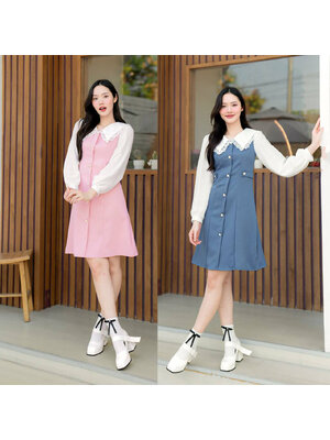 kudapy เดรสสั้นสีชมพู/สีน้ำเงินคราม คอปกผ้าพื้นแขนยาว