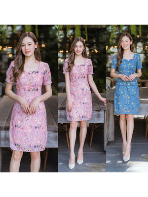 kudapy เดรสสั้นสีชมพู/สีฟ้า ลายดอกคอเหลี่ยมมีกระเป๋ากระดุมกลางอก