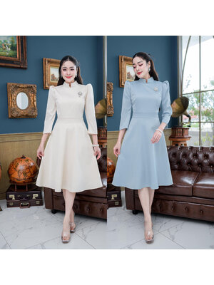 kudapy เดรสสั้นสีขาวงาช้าง/สีฟ้า ชุดไทยจิตรลดา ทรงแขนห้าส่วน ผ้าอัดกาวให้แล้วทั้งชุด เนื้อผ้านิ่มใส่สบาย เดรสความยาวคลุมเข่าใส่สวยสุภาพ