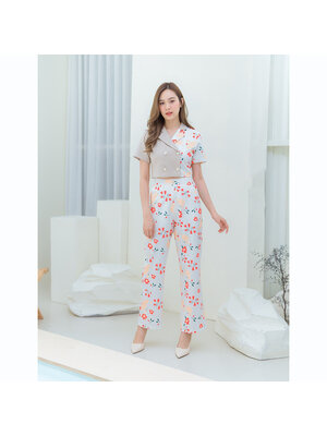 kudapy ชุดเซทเสื้อคอปกกระดูมหน้า+กางเกงขายาวลายดอกไม้สวยดูดีน่ารัก