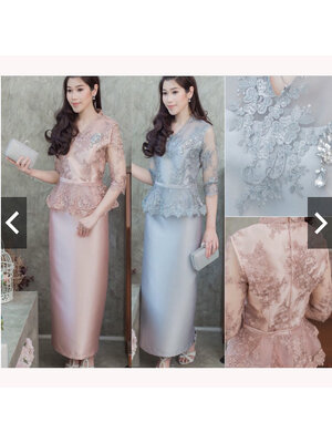 kudapy เซท 2 ชิ้น ใส่ออกงาน เซตเสื้อลูกไม้+กระโปรงยาว สีเทา/กะปิ เสื้อลูกไม้แขนสามส่วน คอวี เอวระบาย ผ้าไม่ยืด