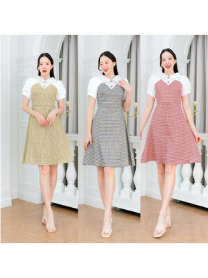 kudapy เดรสสั้นสีกรม สีเหลือง สีชมพู ผ้าลายสก็อตแต่งกระดุม แขนสั้น ใสเที่ยว สวยดูดีมาก