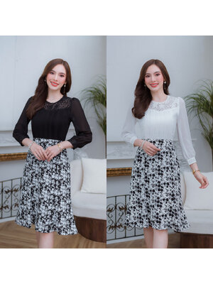 kudapy เดรสสั้นสีขาว/สีดำ ผ้าชีฟองกระโปรงลายดอก ช่วงไหล่เป็นลูกไม้ แต่งด้วยลูกไม้รอบคอ กระโปรงทรงสวยเป็นระบายหางปลา
