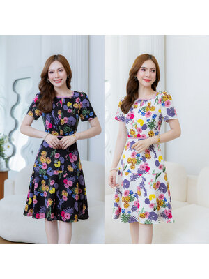 kudapy เดรสสั้นสีขาว/สีดำ ลายดอกคัลเลอร์ฟูล สวยสดใส ดีเทลกุ้นขอบช่วงคอแต่งโบว์ ผ้านิ่ม ใส่สบาย