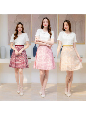 kudapy เดรสั้นสีชมพู/สีแดง/สีน้ำตาล/สีกรม คอปก งานกระดุมหน้า กระโปรงลายไทย งานสวยมากก แต่งขอบเอวใส่แล้วพรางหุ่น