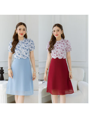 kudapy เดรสคอจีบเอวเคริฟแต่งมุก สวยหวานดูแพง ช่วงตัวใช้ผ้าพิมพ์ลายดอกอัดกาว กระโปรงเป็นผ้าชีฟอง