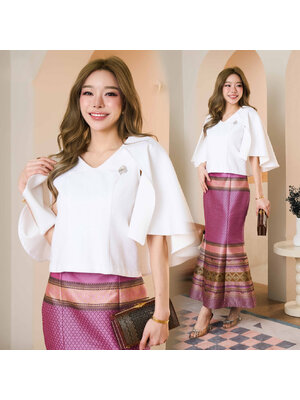 kudapy ชุดออกงาน เสื้อผ้าฝ้ายแขนระบาย+กระโปรงผ้าไหม ทรงหางปลา