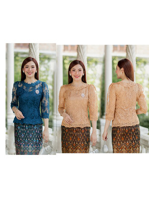 kudapy (เฉพาะเสื้อ) เสื้อลูกไม้สีน้ำเงิน/สีส้มทอง ตัวเสื้อใช้ผ้าลูกไม้ใยบวบเนื้อดีลายลูกไม้แน่นทั้งตัว ตัวเสื้อมาพร้อมซับในเนื้อดีในตัว