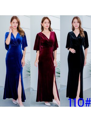 kudapy Maxi เดรสยาวสีดำ/สีแดงเบอกันดี/สีน้ำเงิน กำมะหยี่ นิ่มเนื้อหนา ดีเทลคอวี แขนระฆัง