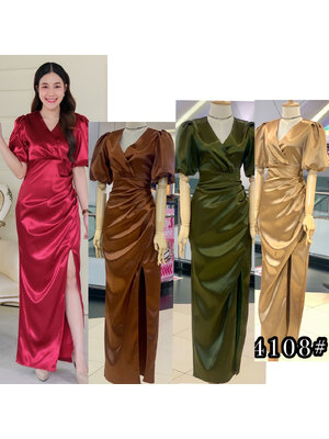 kudapy เดรสยาวสีแดง/สีน้ำตาล/สีเขียวขี้ม้า ทรงคอวี แขนพอง เอวสูง จับเดรปย่นช่วงสะโพก ผ่าหน้าขา