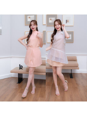 kudapy เซ็ทเสื้อผูกคอ แขนกุด ผ้าเบาลายผ้ามุ่งเบาบางคอกลม+กระโปรงกางเกงขาสั้น ใส่สบายสวยดูดี