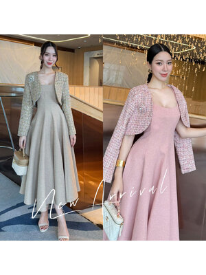 kudapy เดรส+เสื้อครอป+เข็มกลัดดอกไม้ ผ้าพรีเมี่ยมทวิตที่ เดรสเป็นทรงเข้ารูปช่วงเอว มีความพองช่วงล่างน่ารักมาก ซิปซ่อนด้านหลัง มีซับใน