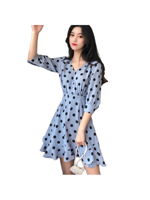 kudapy เดรสสั้นสีเทาฟ้าพิมพ์ลายจุด แขนยาวสามส่วนทรงเจ้าหยิง คอวี เก็บเอวทรงสวยมากค่ะ