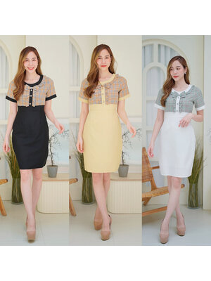 kudapy เดรสสั้นสีขาว/สีเหลือง/สีดำ เดรสทำงานลายสก็อตมีกระดุมกลางอก