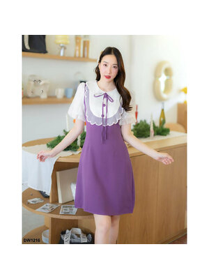 kudapy เดรสสั้นสีม่วง ผ้าพื้นแขนตุ๊กตาแต่งคอ