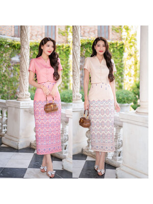 kudapy Set 2 ชิ้น (เสื้อ+กระโปรงยาว) งานผ้าโพลีเอสเตอร์งานพิมพ์ลาย เนื้อผ้าอัดกาว เสื้อคอวี แต่งกระดุมหลอก