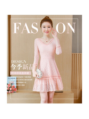 kudapy เดรสสั้นสีส้มอ่อน ผ้าลูกไม้ซีทรู คอวี แขนยาว กระโปรงทรงเอแคบต่อระบาย สวยสดใส