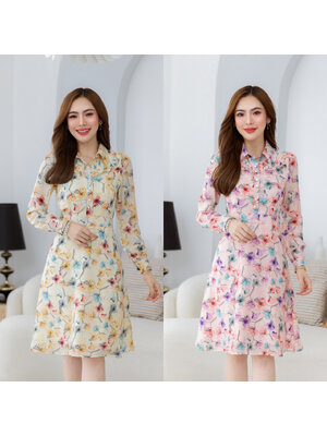 kudapy เดรสคอปกเชิ้ตแขนยาว เป็นกระดุมหน้า ช่วงไหล่มีดีเทลตีเกล็ดแต่งระบายเล็กๆสวย ลายดอกสวยสดใสเนื้อผ้าบางเบา