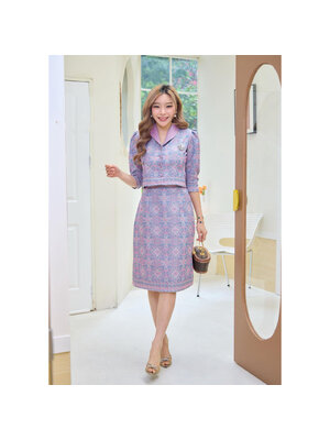 kudapy เซ็ทผ้าฝ้ายทอลายกาฬสินธุ์ คอปก กระดุมหน้า มาพร้อมกับกระโปรงทรงเอสุภาพ