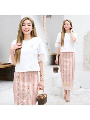 kudapy ชุดผ้าไหมแพรทิพย์สีขาว แต่งลูกไม้ฝรั่งเศส ชุดไปวัด ทำบุญ