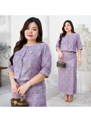 kudapy เซตออกงานสีม่วง คอกลมกระดุมหน้า แขนสามส่วน เสื้อผ้าไหม+ผ้าถุงทอลายกาฬสินทร์ ทบหน้า