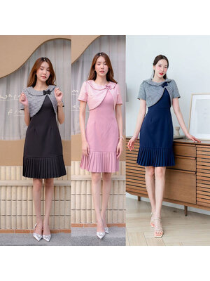 kudapy เดรสสั้นสีชมพู/สีดำ/สีกรม กั๊กโนริกระโปรงจีบระบาย คอบัว แต่งโบว์ตรงหน้าอกสวย ใส่สบาย