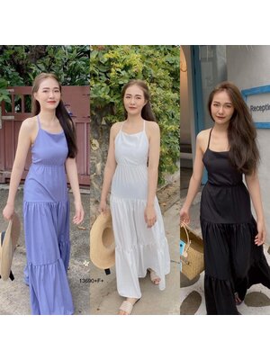 kudapy เดรสยาวร้อยเชือกหลังสีดำ,สีฟ้า ยางยืดรอบเอว เดรสแต่งระบายกระโปรงเป็นชั้นๆ เนื้อผ้า ไหมอิตาลี