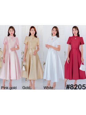 kudapy เดรสสั้นสีแดง/สีชมพู/สีทอง/สีขาว คอจีน รงแขนสั้นบ่าจีบ กระโปรงฟรีสะโพกพริ้วสวย พร้อมกระเป๋าข้าง