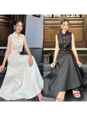 kudapy ชุดเซ็ทเสื้อ+กระโปรงยาว ตัวเสื้อออกแบบให้ดูเกร๋ที่แขนเสื้อ กระดุมดอกไม้ทองเป็นกระดุมจริง ปกเสื้อทรงแหลม