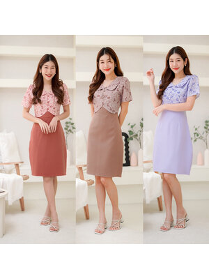 kudapy เดรสสั้นสีน้ำตาล/สีชมพู/สีม่วง ลายดอกคอบัว