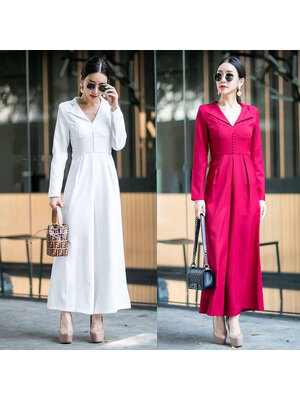 kudapy จั้มสูทขายาวสีขาว/สีแดง แต่งกระดุมช่วงอก ปกวี ซิปด้านหลัง