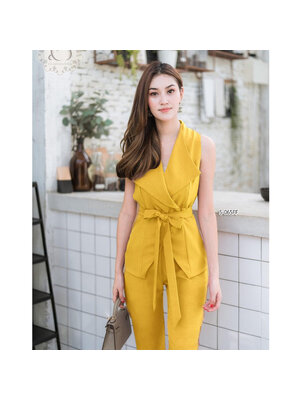 kudapy เสื้อ+กางเกงขายาว เสื้อคอปกสูทสีเทา สีเหลือง ผ่าติดกระดุม 2 เม็ด แกะออกได้ + กางเกงขายาว เอวสม็อคหลัง ตีเกล็ดด้านหน้าทรงสวย