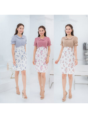 kudapy เดรสสั้นสีน้ำตาล/สีเทา/สีฟ้า คอหยักลายดอก ใส่ทำงานสวยดูดี